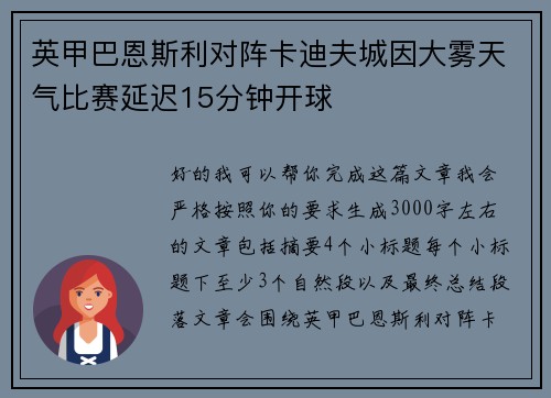 英甲巴恩斯利对阵卡迪夫城因大雾天气比赛延迟15分钟开球